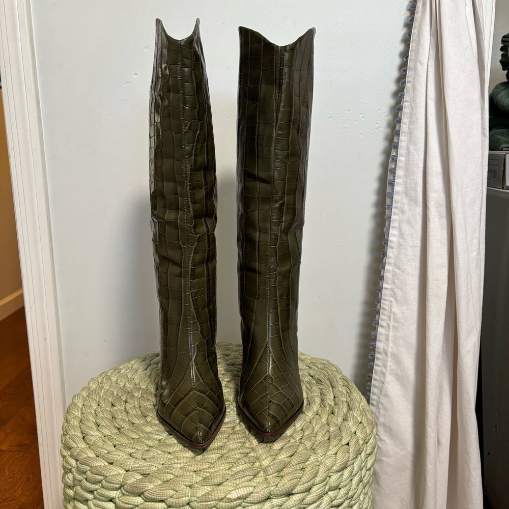NEW Schutz Maryana Dark Green Leather Croc Block Knee High Boots Size 5.5 - Picture 7 of 12